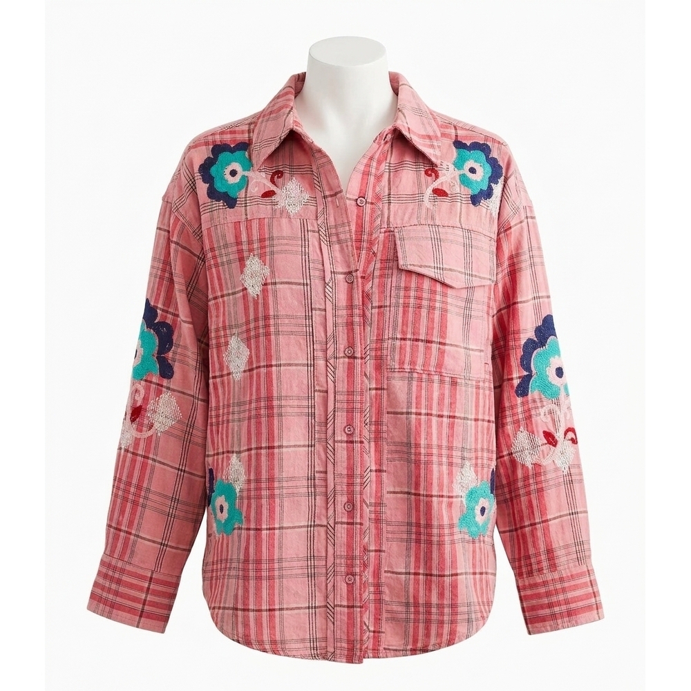 NEW FREE PEOPLE embroidered sashiko top in pink combo